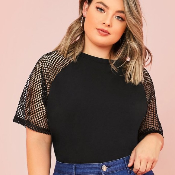 2/$18 Shein Black Fish Net Raglan Sleeve T-shirt Size 1XL - Picture 2 of 11